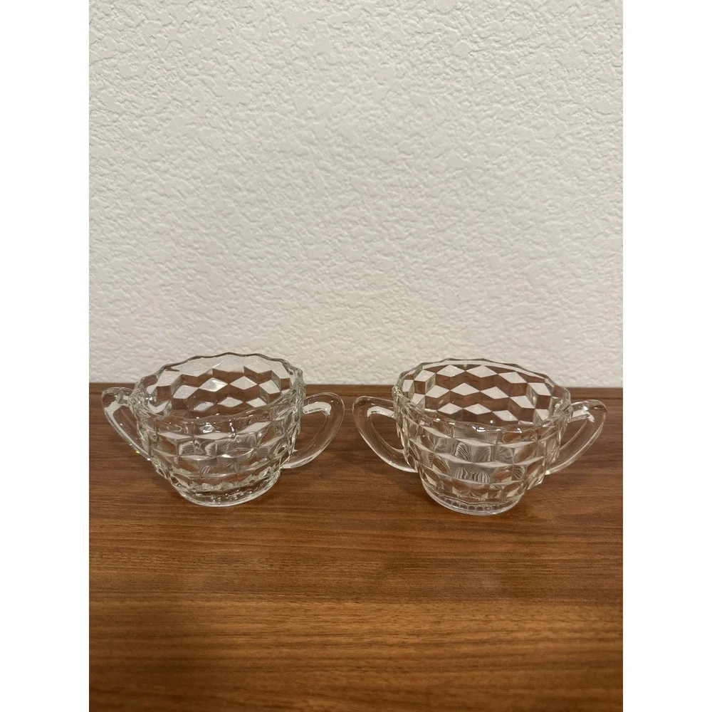 VTG Set of TWO Jeannette Depression Glass Clear Cubist Sugar Condiment 3.5